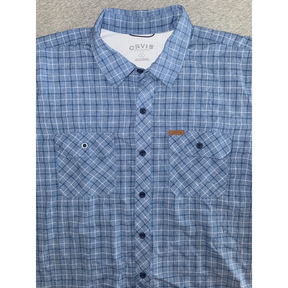 Orvis Performance Tech Button Up Shirt Size L Blue Plaid Light Weight Polyester
